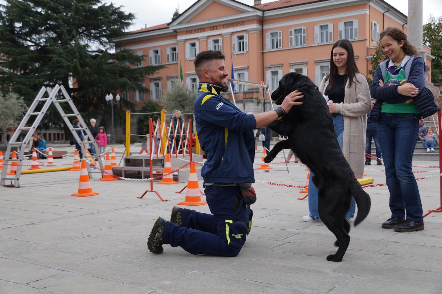 Cani guida in piazza a Gorizia con i Lions, corse e salti per addestrarli