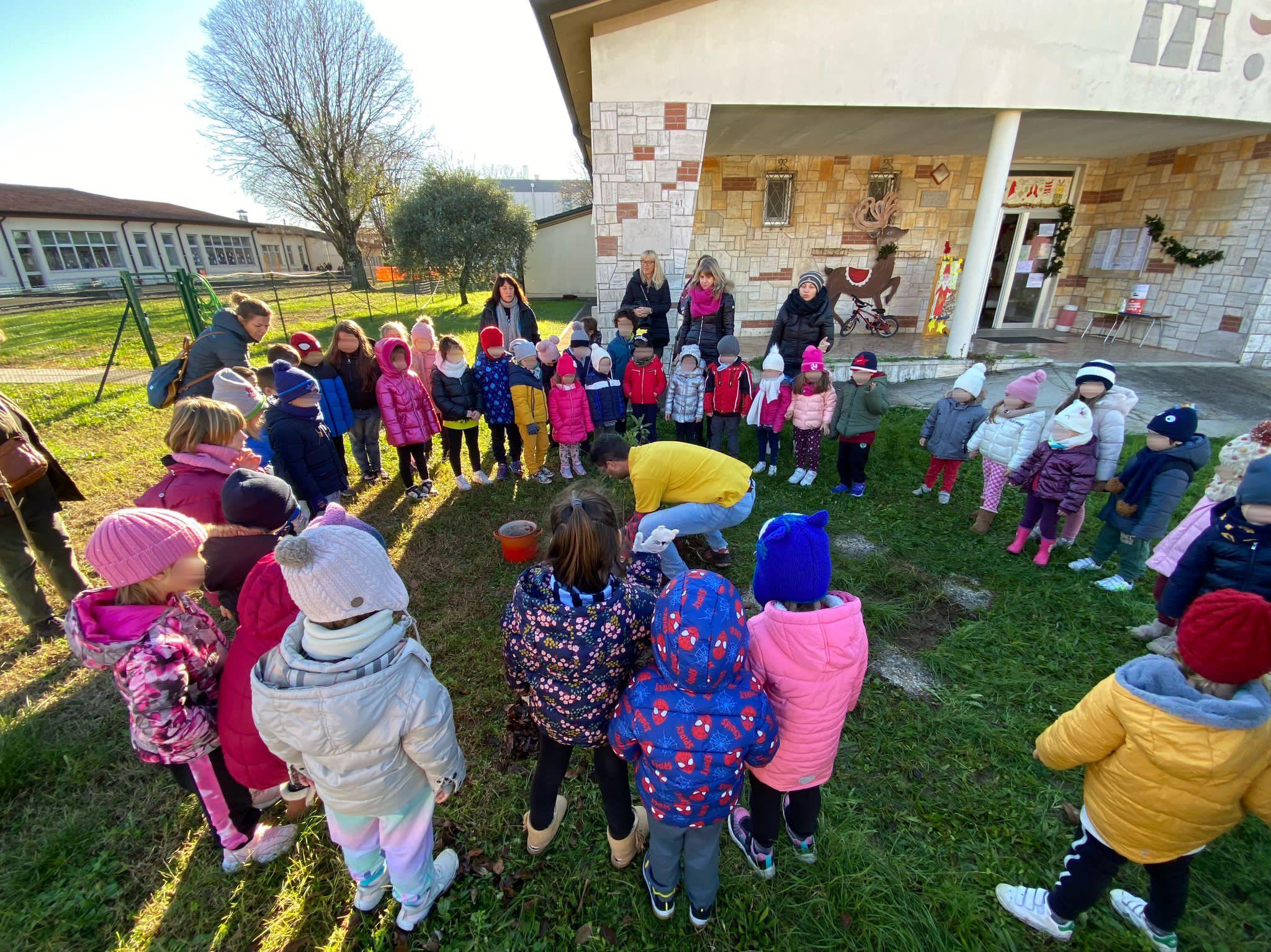 Immagine per Alberello piantato nel giardino dell'asilo, bambini scoprono la natura a Mossa